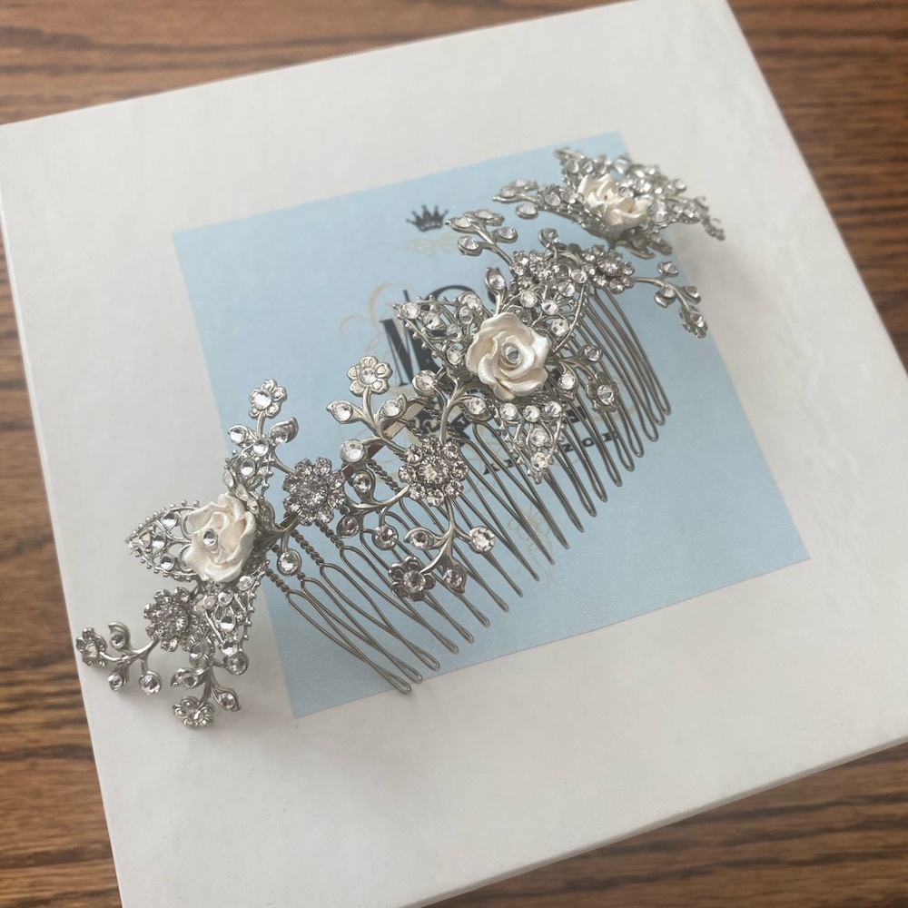 Wedding Hair Comb - Crystals and Hand Painted Flowers